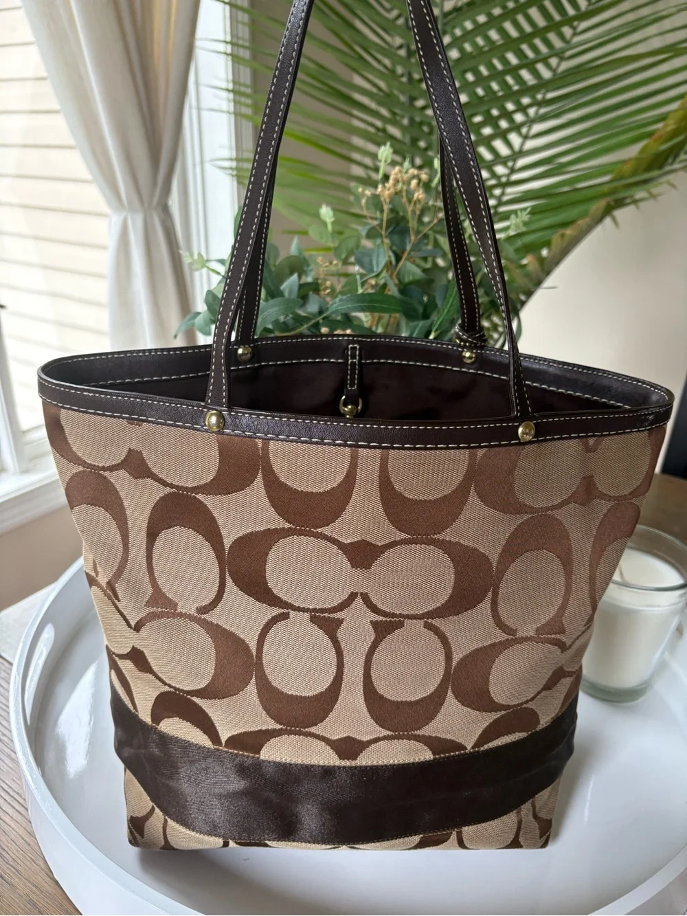 Coach Vintage Brown Signature Canvas Tote Bag Brown Leather Trim Style 10125